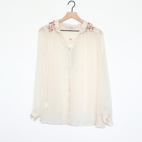 Vero Moda Tops - Ivory Sheer Embroidered Collar Button Down Top S